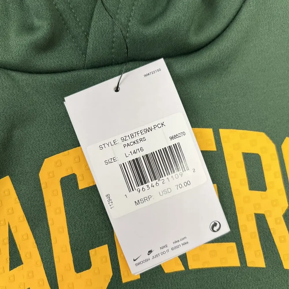 Nike Green Bay Packers Therma Hoodie Size Large 14/16 Kids Green Pullover